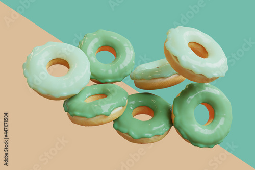 flying doughnuts green glazed doughnuts with sprinkles on pastel color background. 3D Render Food minimal idea concept.