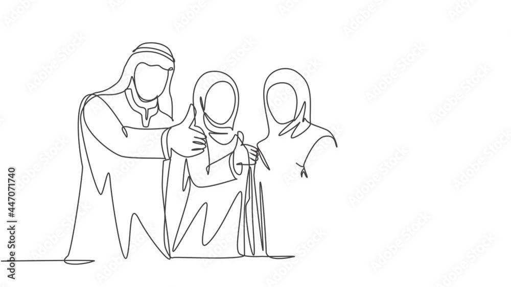 Animation of one line drawing of young muslim businesspeople line up neatly give thumbs up. Saudi Arabia cloth shmag, kandora, headscarf, ghutra. Continuous line self draw animated. Full length motion Animation of one line drawing of young muslim businesspeople line up neatly give thumbs up. Saudi Arabia cloth shmag, kandora, headscarf, ghutra. Continuous line self draw animated. Full length motion