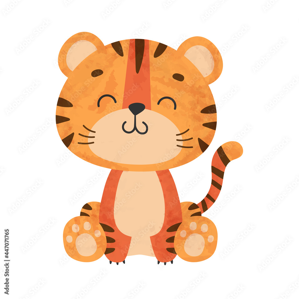 Obraz premium Cute sitting tiger, tiger cub with brown stripes, symbol of new 2022 year on white background. Vector illustration for postcard, banner, web, decor, design, arts, calendar.