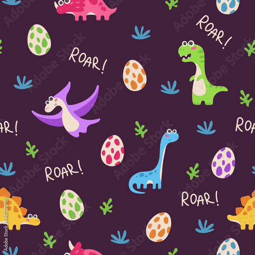 Seamless pattern with dinosaurus, dino, with eggs, grass, word Roar isolated on black. Vector illustration for postcard, banner, decor, design, arts, web, calendar, advirtising.