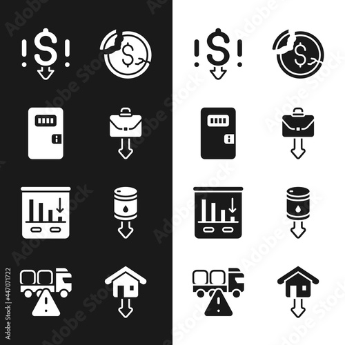 Set Briefcase, Prison cell door, Dollar rate decrease, Pie chart infographic, Drop crude oil price, Falling property prices and Stop delivery cargo truck icon. Vector