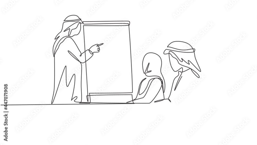Animation of one line drawing of muslim startup founder explaining company golden rules. Saudi Arabia cloth kandora, headscarf, thobe, ghutra. Continuous line self draw animated. Full length motion. Animation of one line drawing of muslim startup founder explaining company golden rules. Saudi Arabia cloth kandora, headscarf, thobe, ghutra. Continuous line self draw animated. Full length motion.