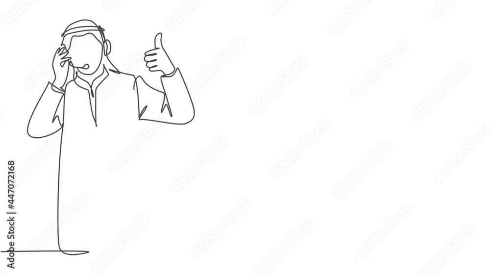 Animated self drawing of continuous line draw muslim customer care service give thumbs up gestures, call center. Islamic clothing shemag, kandura, scarf, keffiyeh. Full length single line animation. Animated self drawing of continuous line draw muslim customer care service give thumbs up gestures, call center. Islamic clothing shemag, kandura, scarf, keffiyeh. Full length single line animation.