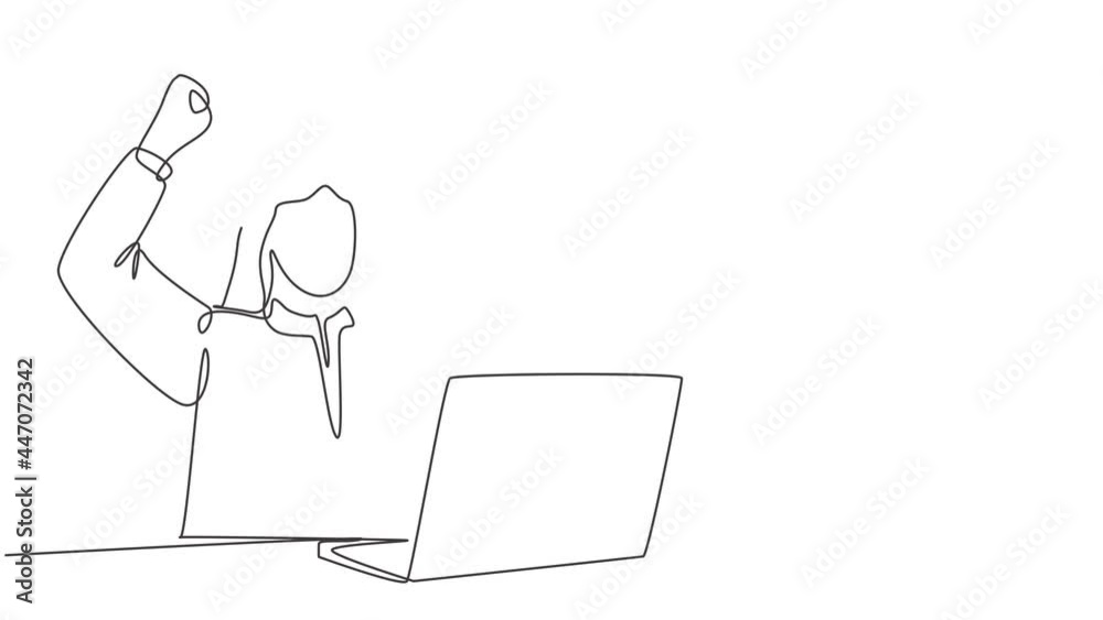Animation of one line drawing of muslim worker celebrate after he finished his office work. Saudi Arabian with shmag, headscarf, thobe, ghutra. Continuous line self draw animation. Full length motion. Animation of one line drawing of muslim worker celebrate after he finished his office work. Saudi Arabian with shmag, headscarf, thobe, ghutra. Continuous line self draw animation. Full length motion.