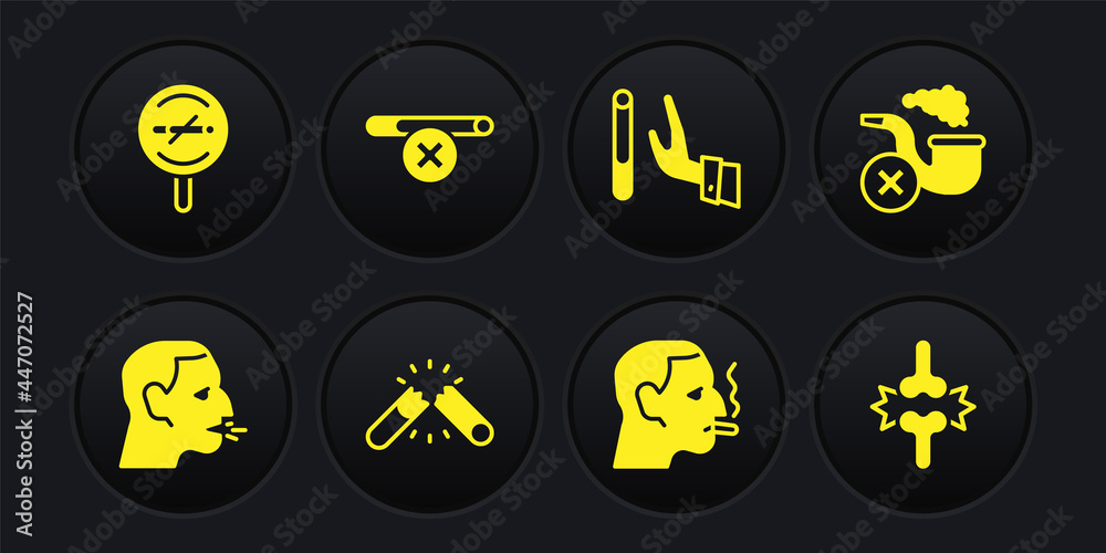 Set Man coughing, Smoking pipe with smoke, Broken cigarette, smoking, Giving up, No, Joint pain, knee pain and icon. Vector Set Man coughing, Smoking pipe with smoke, Broken cigarette, smoking, Giving up, No, Joint pain, knee pain and icon. Vector