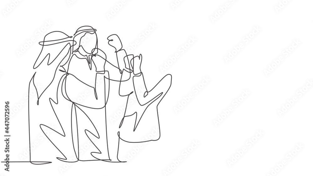 Animated self drawing of continuous line draw muslim business people celebrate their success. Arab middle east businessmen with shemagh, kandura, thawb, robe cloth. Full length one line animation. Animated self drawing of continuous line draw muslim business people celebrate their success. Arab middle east businessmen with shemagh, kandura, thawb, robe cloth. Full length one line animation.