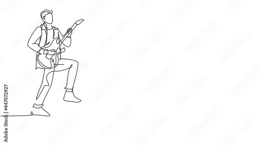 Animated self drawing of single continuous line draw young happy male guitarist playing electric guitar step on sound amplifier. Musician artist performance concept. Full length one line animation. Animated self drawing of single continuous line draw young happy male guitarist playing electric guitar step on sound amplifier. Musician artist performance concept. Full length one line animation.