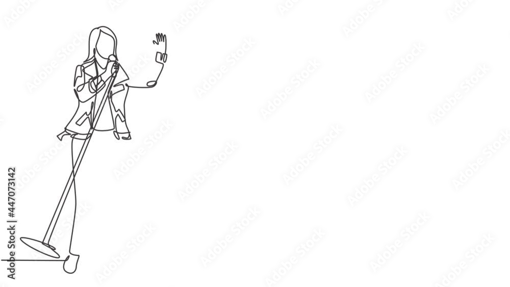 Animated self drawing of single continuous line draw young happy lady rocker singer singing on concert stage. Musician artist performance concept. Full length one line animation illustration.