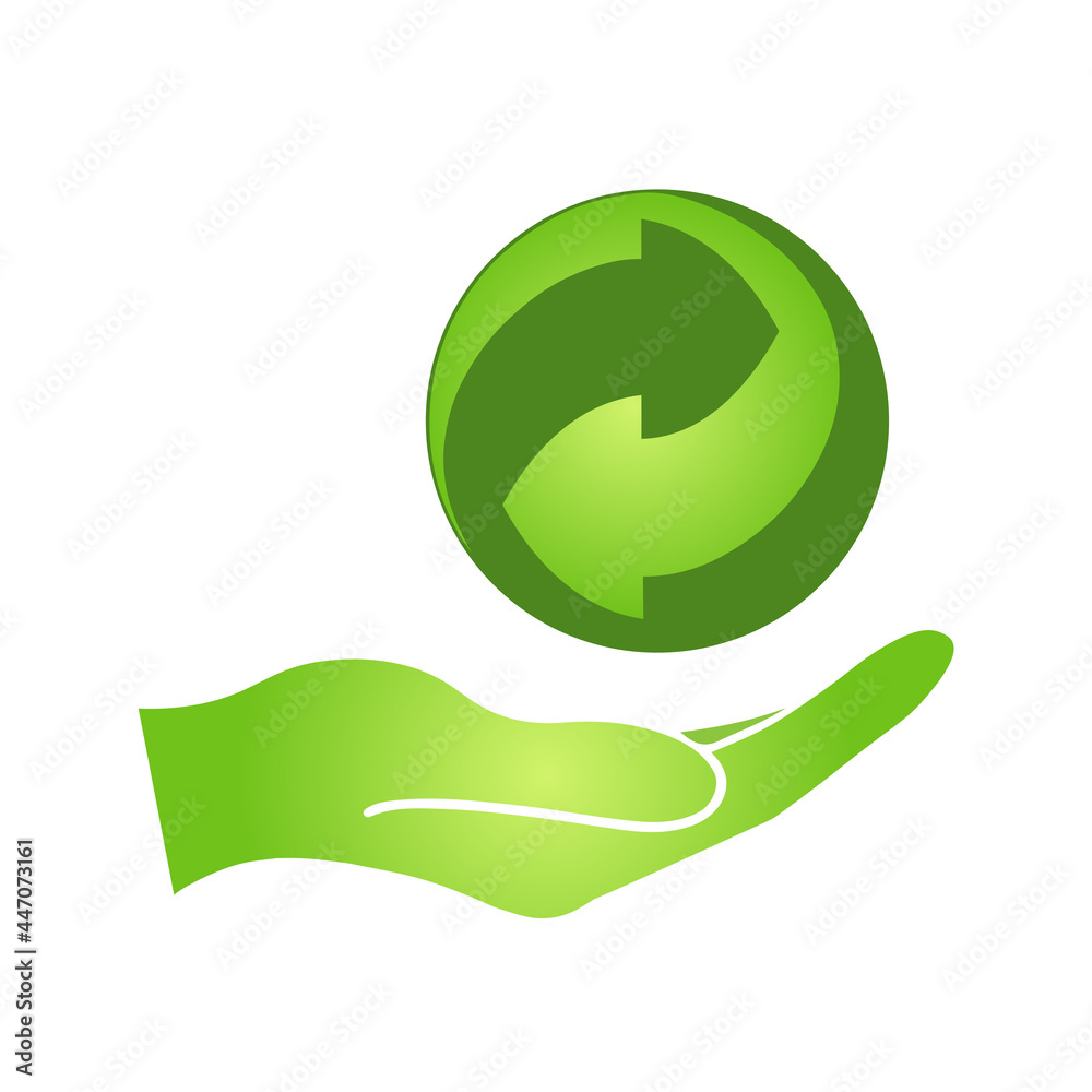 Hand with Green recycle sign Simple icon on product packaging and box Hand with Green recycle sign Simple icon on product packaging and box