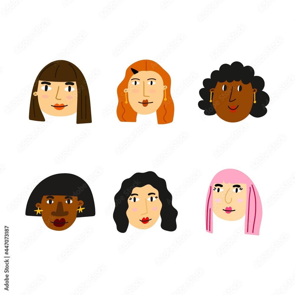 People portrait. Hand drawn female faces, social media user avatars collection, hipster woman icon, modern human different ages and ethnic, vector isolated cartoon set People portrait. Hand drawn female faces, social media user avatars collection, hipster woman icon, modern human different ages and ethnic, vector isolated cartoon set