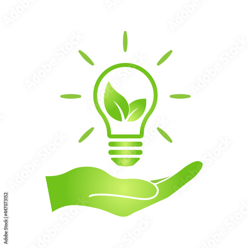 Hand with eco green leaf icon in light bulb Bio nature green eco symbol for web and business