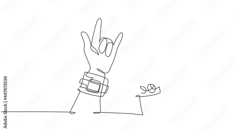 Animated self drawing of single continuous line draw rocker showing hand gesture of rock music. Musician artist performance concept. Full length one line animation illustration.