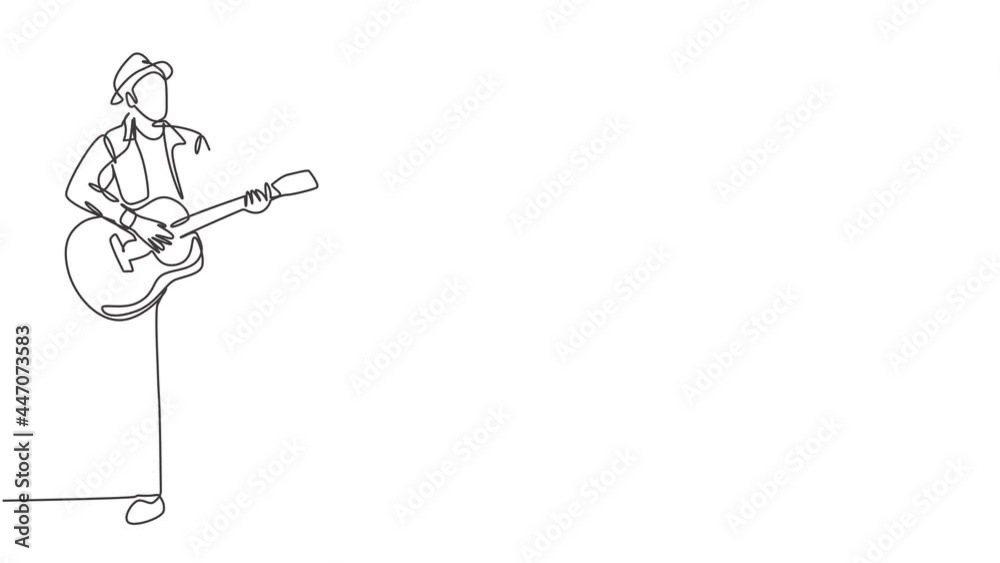 Animated self drawing of one continuous line draw young happy male guitarist wearing hat, playing acoustic guitar on street road. Musician artist performance concept. Full length single line animation Animated self drawing of one continuous line draw young happy male guitarist wearing hat, playing acoustic guitar on street road. Musician artist performance concept. Full length single line animation