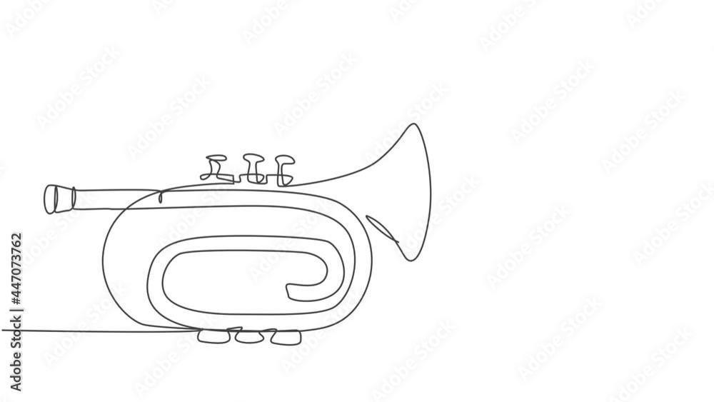 Self drawing animation of single continuous line draw pocket trumpet. Wind music instruments. Concept one line draw. Full length animated illustration. Self drawing animation of single continuous line draw pocket trumpet. Wind music instruments. Concept one line draw. Full length animated illustration.