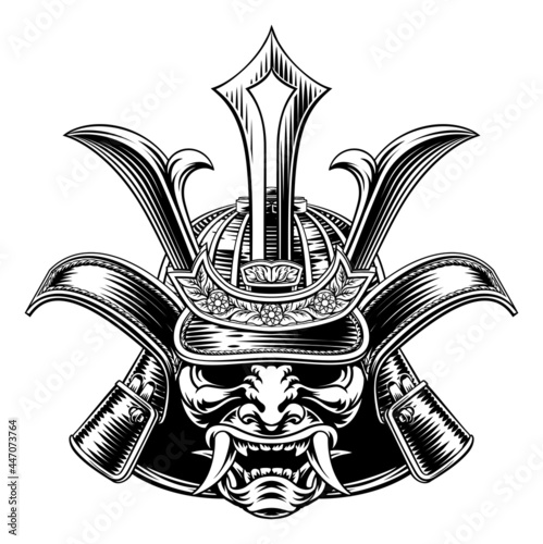 Samurai Mask Helmet Vintage Etching Woodcut Style