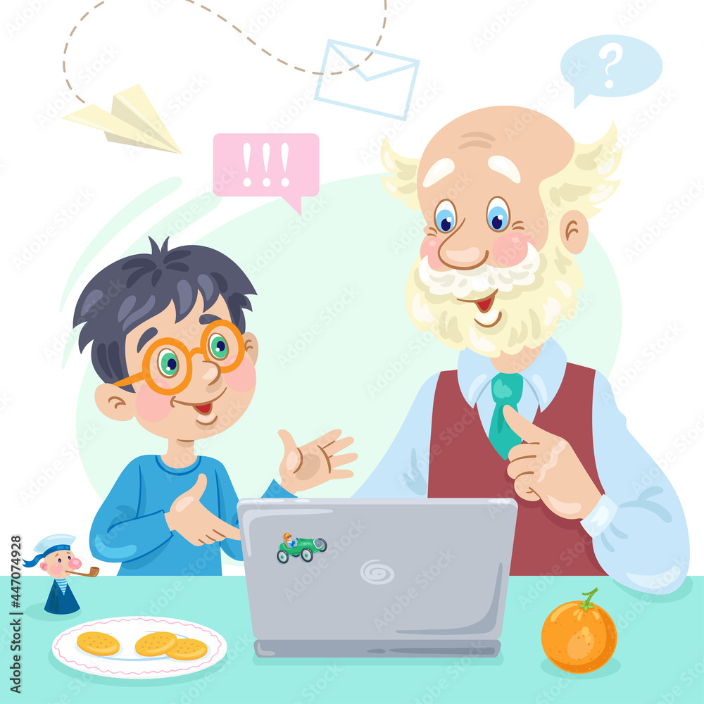 Grandfather and grandson are sitting at the table with a laptop. In cartoon style. Isolated on white background. Vector flat illustration. Grandfather and grandson are sitting at the table with a laptop. In cartoon style. Isolated on white background. Vector flat illustration.