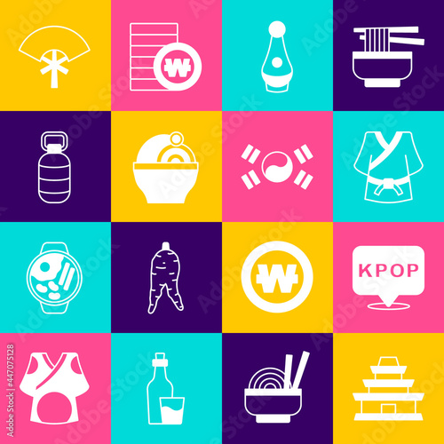 Set Korean temple, K-pop, Kimono, Soju bottle, Ramen, lantern, Traditional fan and South flag icon. Vector