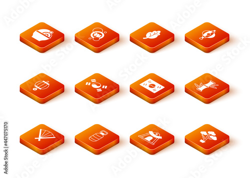 Set Traditional fan, Korean lantern, South flag, temple, Bonsai tree and Bamboo icon. Vector