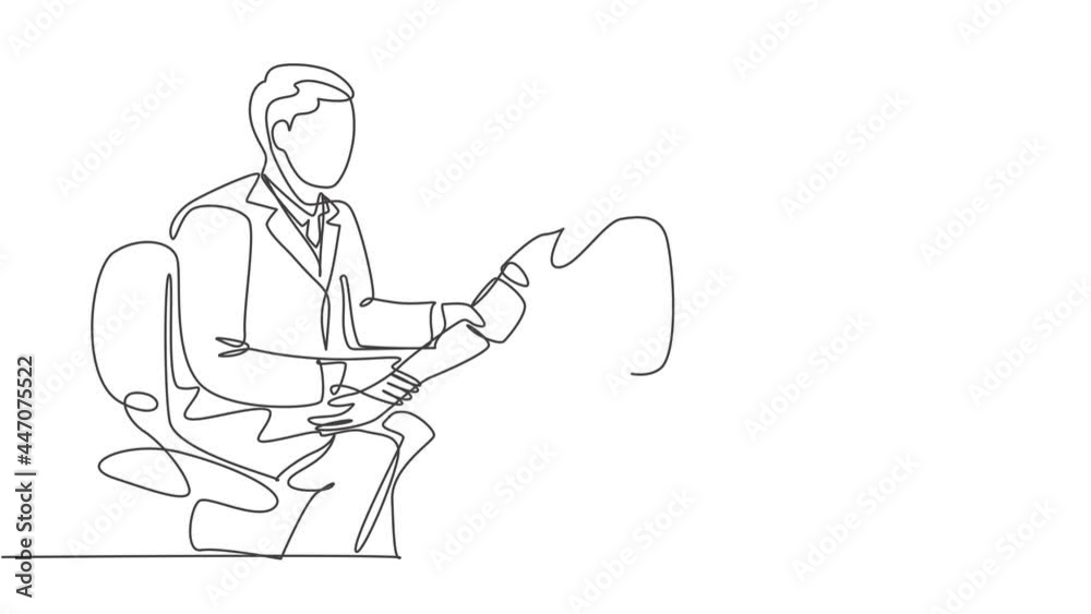 Self drawing animation of single line draw male obstetrics gynecology doctor checking patient blood pressure, fetal condition. Pregnancy health care concept continuous line draw. Full length animated. Self drawing animation of single line draw male obstetrics gynecology doctor checking patient blood pressure, fetal condition. Pregnancy health care concept continuous line draw. Full length animated.