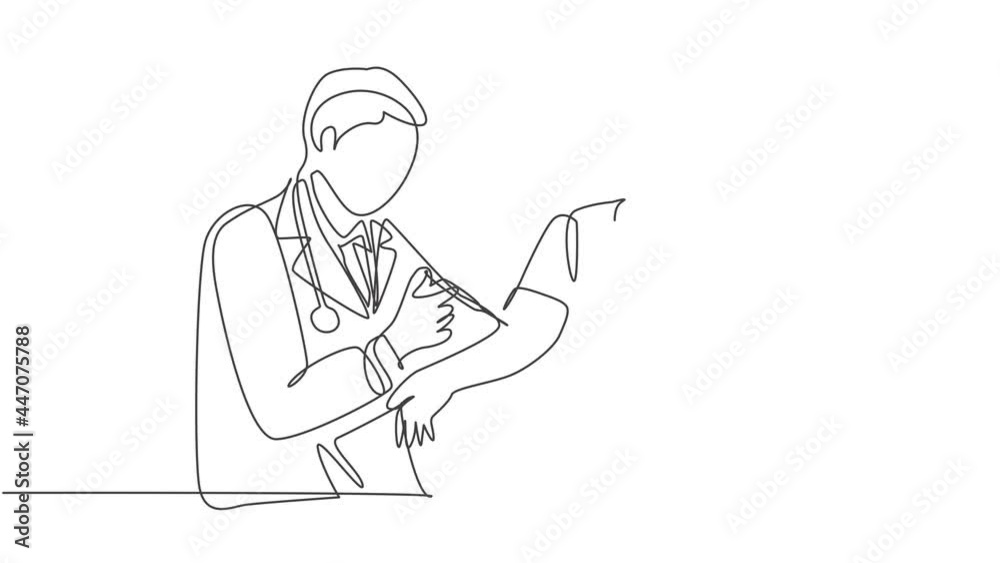Animated self drawing of single continuous line draw young male doctor giving vaccine injection to male patient to cure illness. Medical health care treatment concept. Full length one line animation. Animated self drawing of single continuous line draw young male doctor giving vaccine injection to male patient to cure illness. Medical health care treatment concept. Full length one line animation.