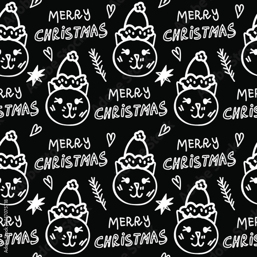 Seamless vector Christmas pattern with white line on black background in doodle style.Festive classic print minimalism hand drawn.Designs for fabric textiles wrapping paper packaging scrapbooking