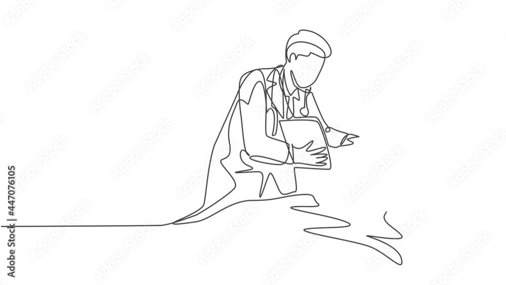 Self drawing animation of one single line draw doctor show great result of medical record to patient who laying at hospital bed. Medical health care concept continuous line draw. Full length animated. Self drawing animation of one single line draw doctor show great result of medical record to patient who laying at hospital bed. Medical health care concept continuous line draw. Full length animated.