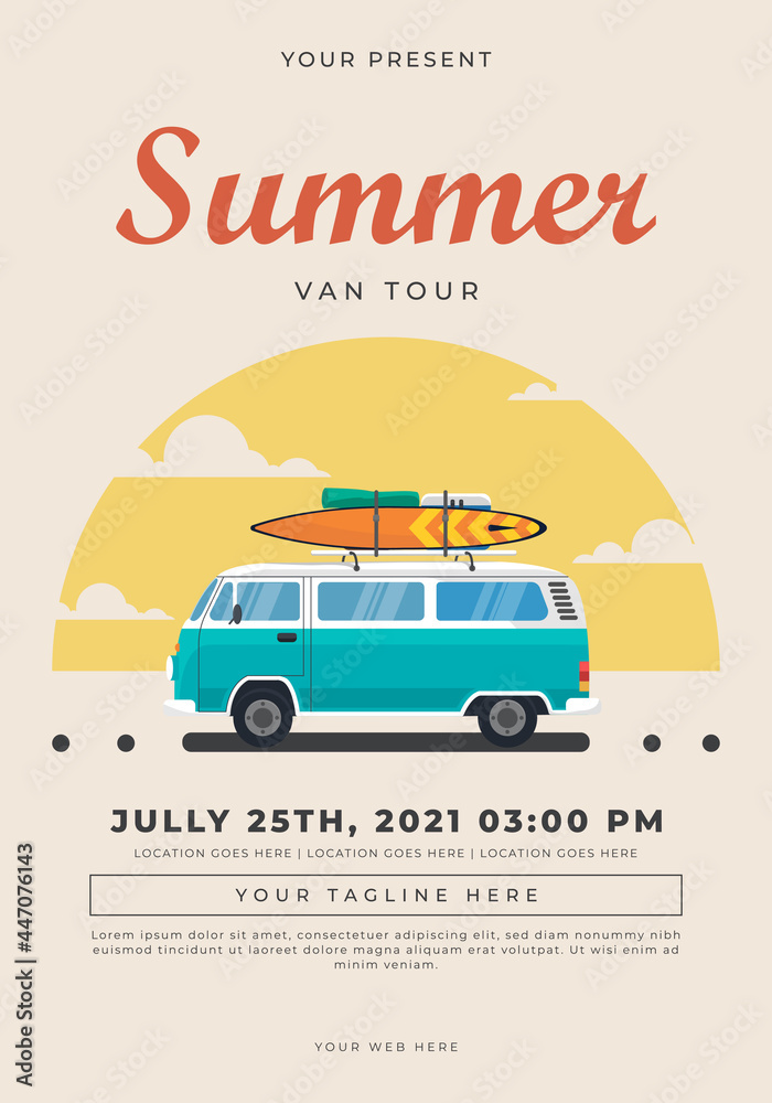summer van tour. minimalist poster design with vintage van and the sun with  clouds. good for poster, cover, invitation, flyer, banner, ads  promotion,ETC Stock Vector | Adobe Stock