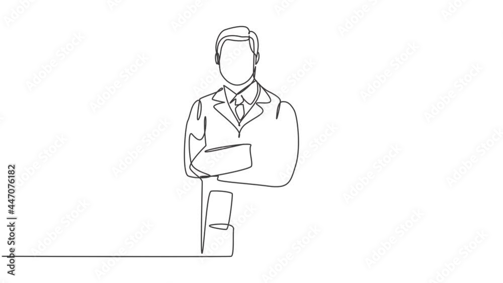 Self drawing animation of single line draw young male doctor pose standing while hold a stethoscope cross hands on chest. Medical healthcare service concept continuous line draw. Full length animated. Self drawing animation of single line draw young male doctor pose standing while hold a stethoscope cross hands on chest. Medical healthcare service concept continuous line draw. Full length animated.