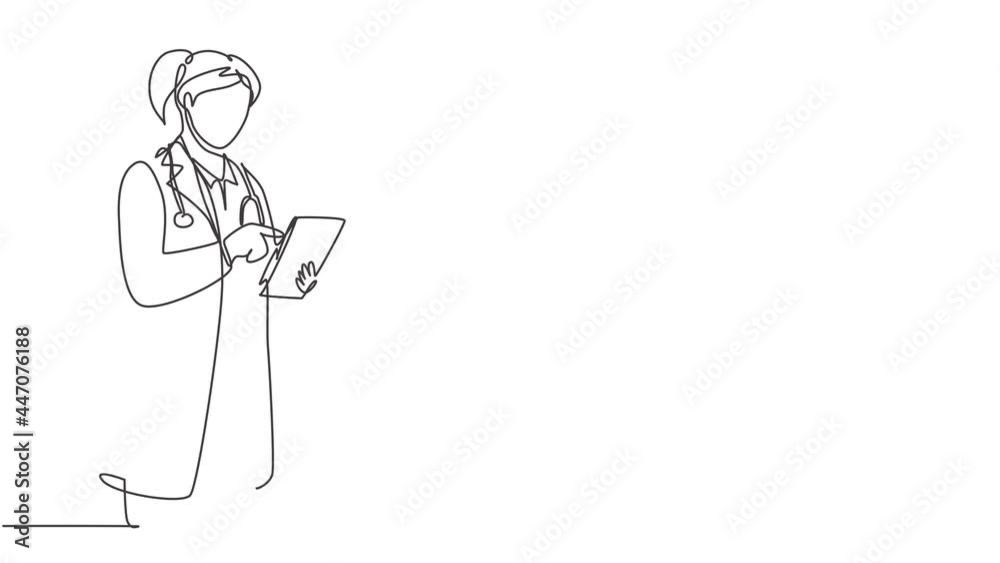 Animated self drawing of continuous line draw young female doctor standing holding clipboard to check sick patient condition at hospital. Medical health care concept. Full length one line animation. Animated self drawing of continuous line draw young female doctor standing holding clipboard to check sick patient condition at hospital. Medical health care concept. Full length one line animation.