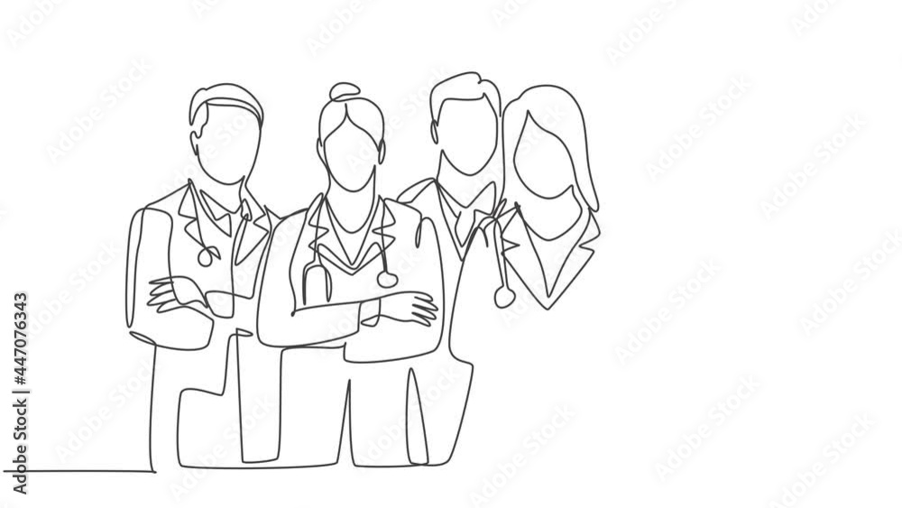 Animated self drawing of single continuous single line draw young male female doctors standing posing together while crossing hand on chest. Medical teamwork concept. Full length one line animation. Animated self drawing of single continuous single line draw young male female doctors standing posing together while crossing hand on chest. Medical teamwork concept. Full length one line animation.