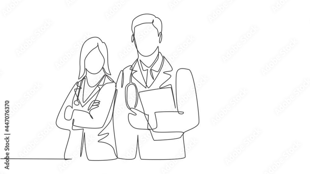 Animated self drawing of continuous single line draw group of young male female doctors pose standing together while holding medical report. Teamwork medical concept. Full length single line animation Animated self drawing of continuous single line draw group of young male female doctors pose standing together while holding medical report. Teamwork medical concept. Full length single line animation