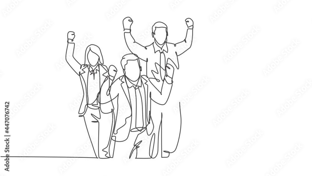 Self drawing animation of one single line draw young happy male, female workers standing forming circle shape together. Business teamwork celebration concept continuous line draw. Full length animated Self drawing animation of one single line draw young happy male, female workers standing forming circle shape together. Business teamwork celebration concept continuous line draw. Full length animated