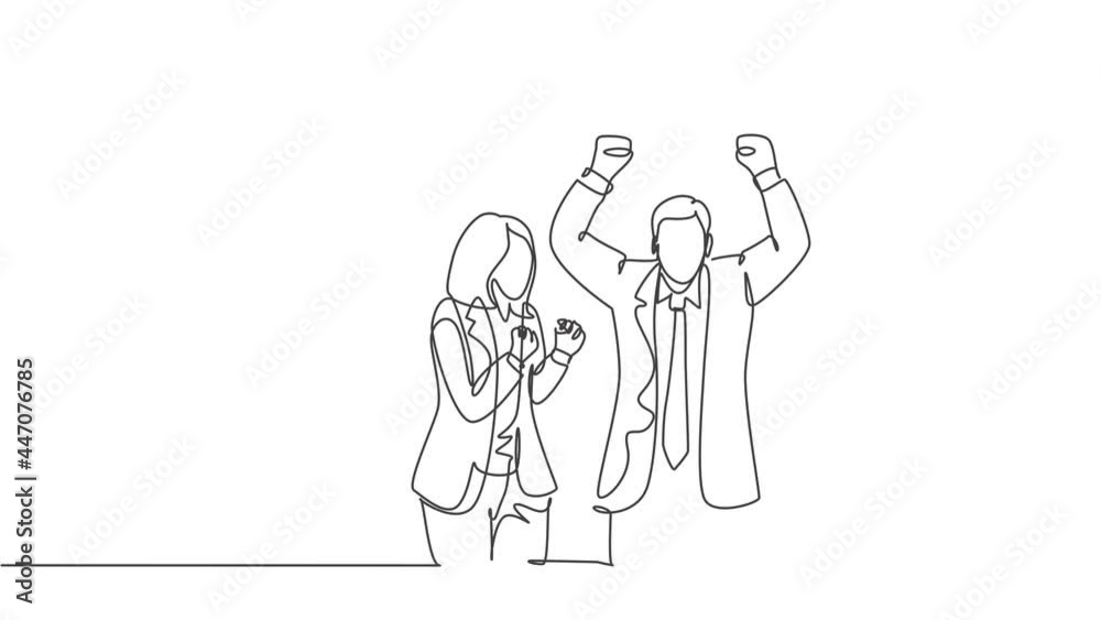 Animated self drawing of continuous line draw happy male and female company founder punch fist to the air after company get investment. Business celebration concept. Full length one line animation. Animated self drawing of continuous line draw happy male and female company founder punch fist to the air after company get investment. Business celebration concept. Full length one line animation.