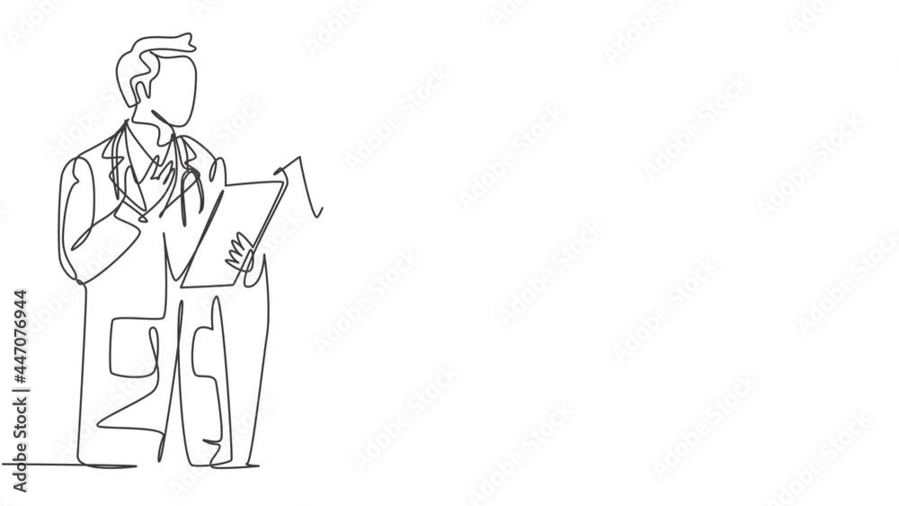 Animated self drawing of single continuous line draw young male female doctors talking discussing patient medical record. Medical health workers service concept. Full length one line animation. Animated self drawing of single continuous line draw young male female doctors talking discussing patient medical record. Medical health workers service concept. Full length one line animation.