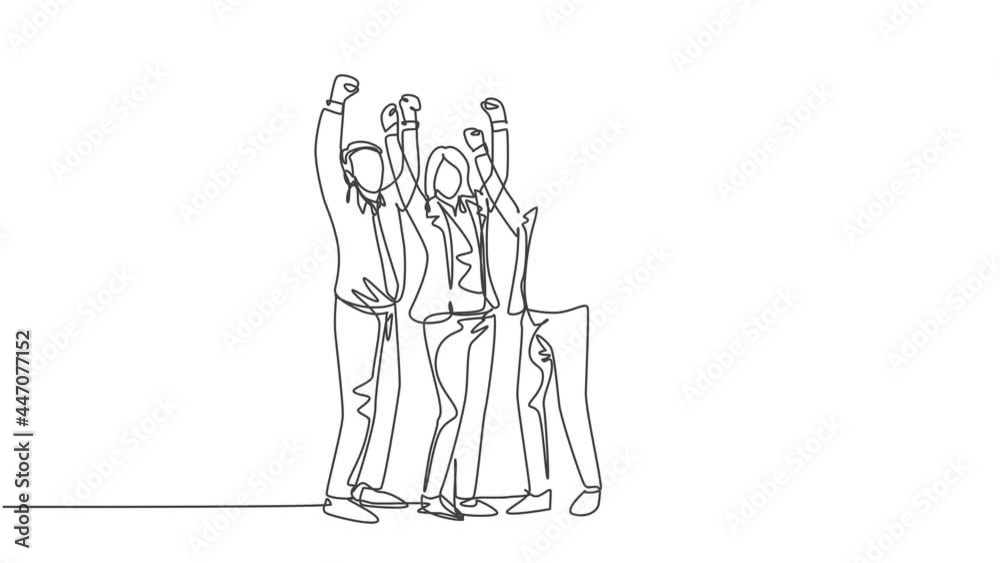 Self drawing animation of single line draw young happy male female worker raise their hands on office room together. Business teamwork celebration concept continuous line draw. Full length animated. Self drawing animation of single line draw young happy male female worker raise their hands on office room together. Business teamwork celebration concept continuous line draw. Full length animated.