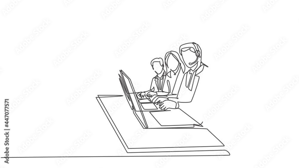 Animated self drawing of one continuous line draw male and female call center team members answer complain phone call from clients kindly. Customer service concept. Full length single line animation. Animated self drawing of one continuous line draw male and female call center team members answer complain phone call from clients kindly. Customer service concept. Full length single line animation.