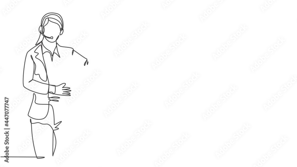 Animated self drawing of single continuous line draw young happy female consultant giving speech to audience at office. Public speaker presentation concept. Full length one line animation illustration Animated self drawing of single continuous line draw young happy female consultant giving speech to audience at office. Public speaker presentation concept. Full length one line animation illustration