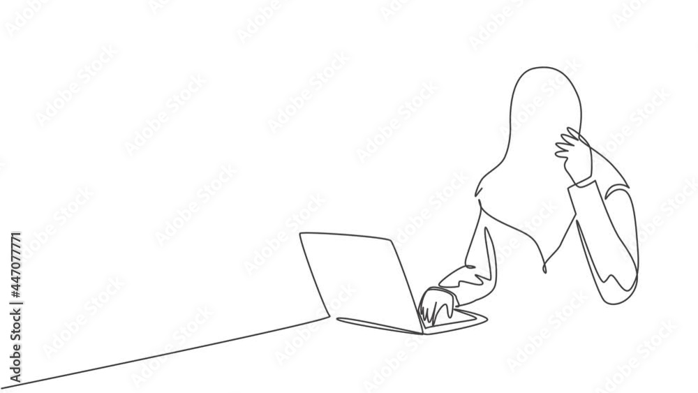 Self drawing animation of single line draw young Arabian woman on hijab answer customer complain call of broken new product. Call center service care concept continuous line draw. Full length animated Self drawing animation of single line draw young Arabian woman on hijab answer customer complain call of broken new product. Call center service care concept continuous line draw. Full length animated