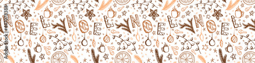 Doodle Christmas Vector Seamless Pattern. Beige Festive repeated Illustration with spice, orange and christmas lights for New Year Wrapping paper, Wallpaper, textile, poster, greeting card. EPS10