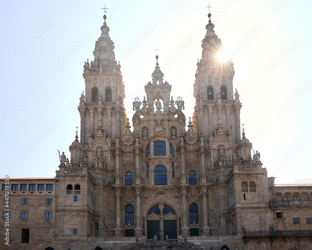 View of the main facade of the Cathedral of Santiago de Compostela.