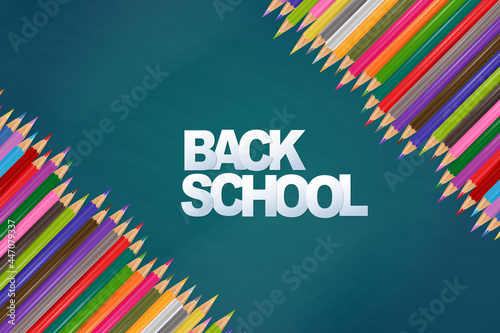 School banner. Coloring pencils on chalkboard background with lettering. Realistic 3d vector illustration.