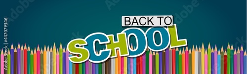 School banner or header. Coloring pencils on chalkboard background with lettering. Realistic 3d vector illustration.