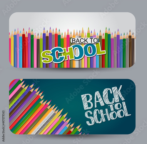 School banner or gift card Coloring pencils on chalkboard background with lettering. Realistic 3d vector illustration.
