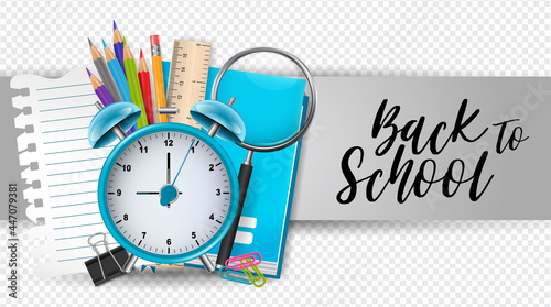 School banner. Realistic 3d study supplies. Education concept. Vector illustration.