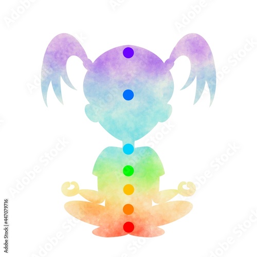 Chakra color painted child girl silhouette of yoga lotus position with chakra circles. Hand drawn digital illustration. Print quality for children