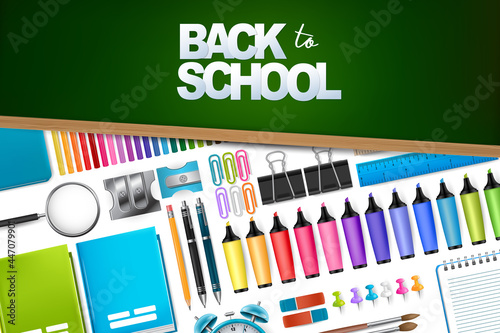 Back to school banner. Realistic 3d stationery supplies for students and teachers. Education concept background design with a green chalkboard. Vector illustration.