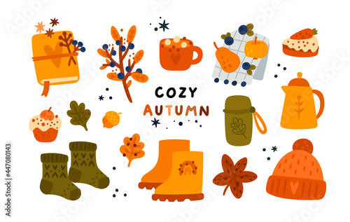 Cozy autumn collection with hand drawn elements: teapot, cup, knitting hat, notebook, herbarium, cakes, berries and leafs. Autumn treasures of nature to create cozy atmosphere and good mood