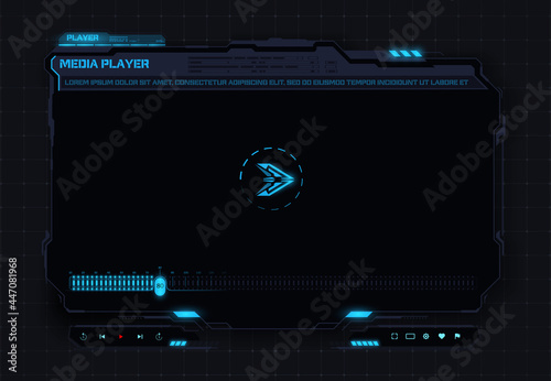 A high-tech video player in the HUD style. Blue Digital Media Player Layout for applications, user interface, UX, web design. New Media Player interface. Skin video player. Vector illustration