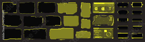 Yellow Hud frames, board. Digital futuristic hud interface panels, hologram high tech screen. Futuristic technology interface frame, sci-fi military device concept. Modern windows. Vector illustration