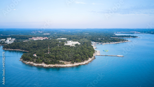 The coastline with numerous resort complexes of the Istrian peninsula in Croatia. Shooting from a drone.